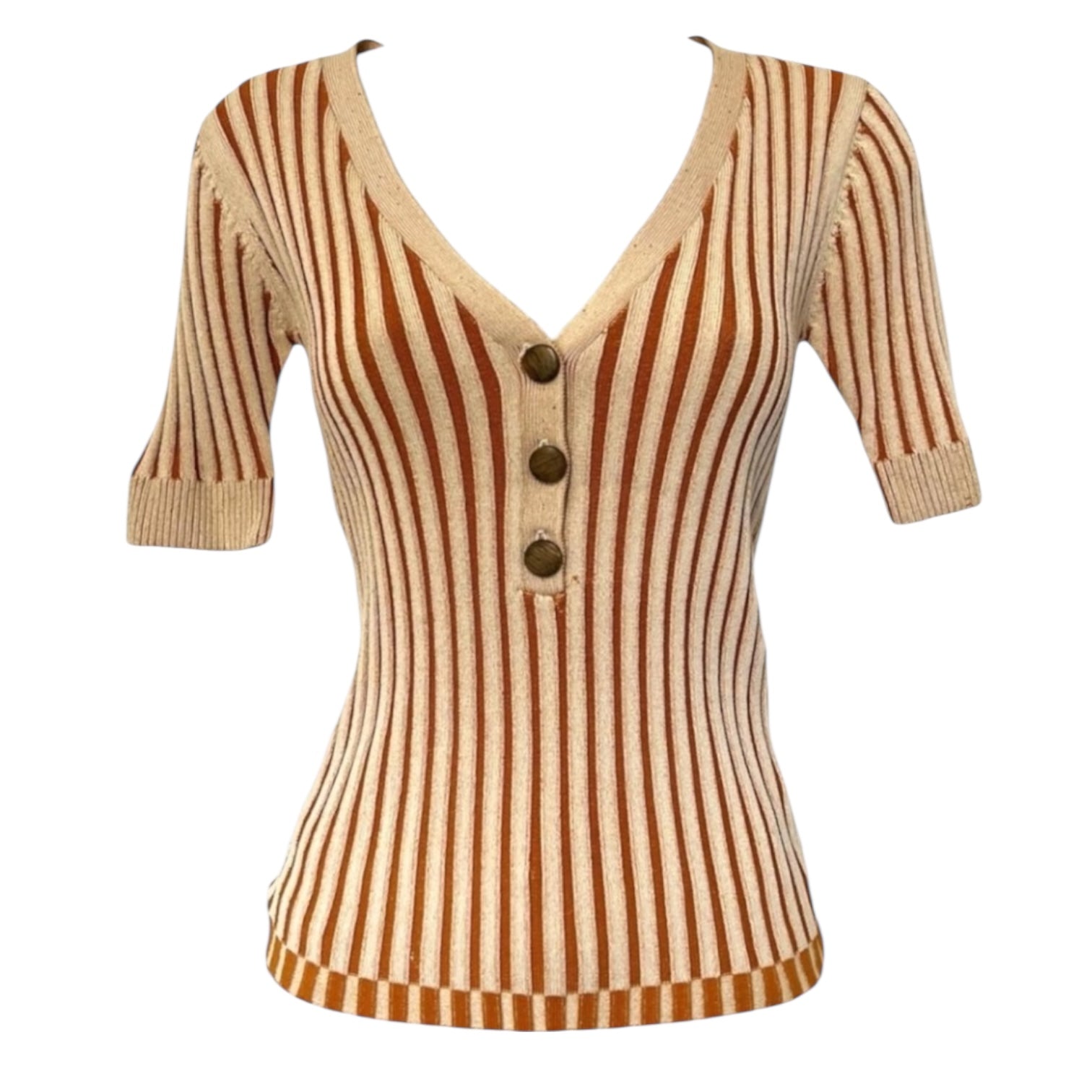 Nicholas Ribbed Knit Button Front V-Neck Top – Short Sleeve, Wooden Buttons, XS – pre-loved
