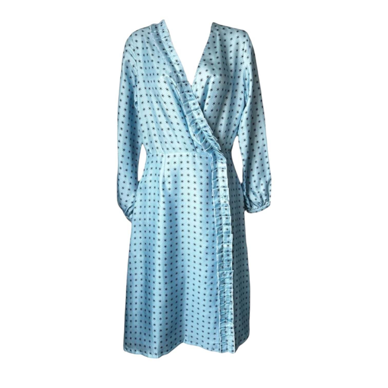 Lisou Silk Shirt Dress – Comet Print, Ruffle Trim, Blue, UK6 – pre-loved
