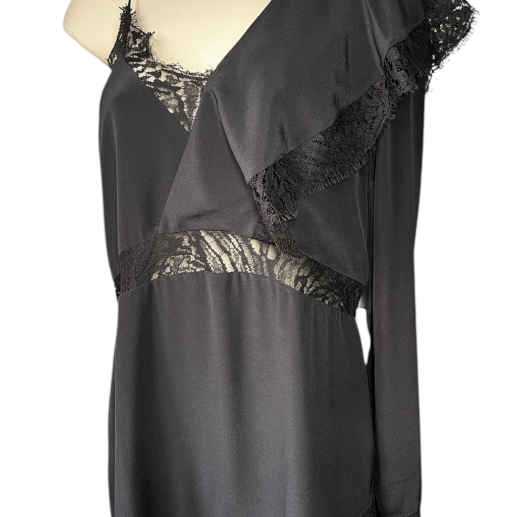 IRO Paris Silk One-Shoulder Lace Slip Mini Dress – Black, FR40