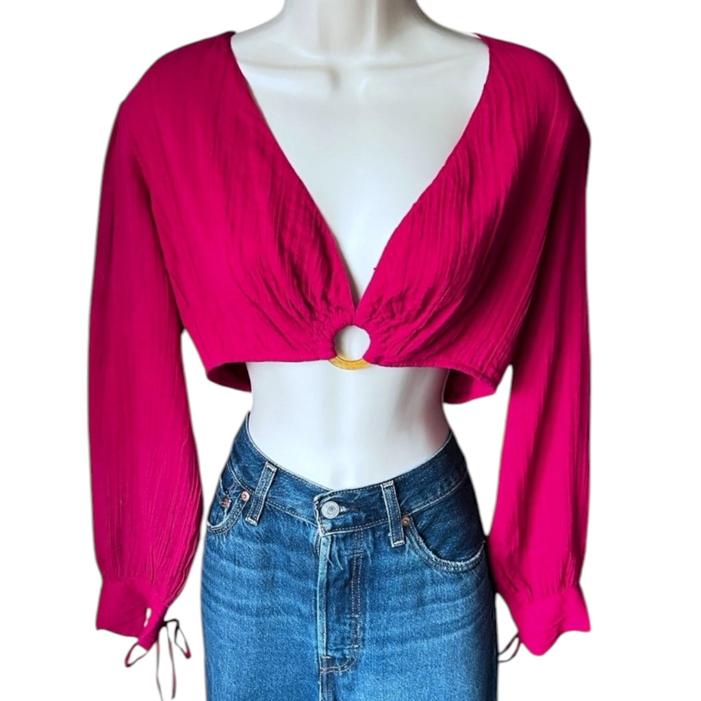 Antik Batik Plunge Ring Crop Top – Cotton Muslin Balloon Sleeve Blouse, S