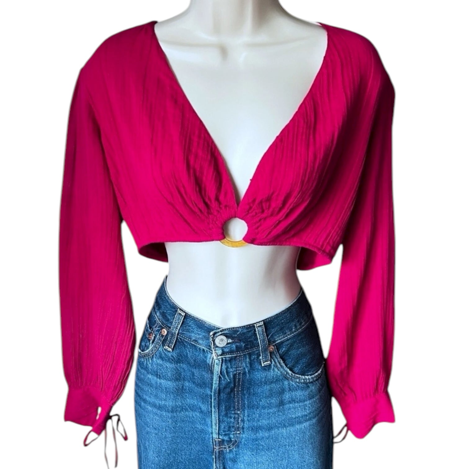 Antik Batik Plunge Ring Crop Top – Cotton Muslin Balloon Sleeve Blouse, S