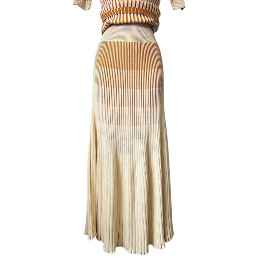 Nicholas Ribbed Knit Gradient Midi Skirt – Neutral Ombre Flare, Size XS – pre-loved