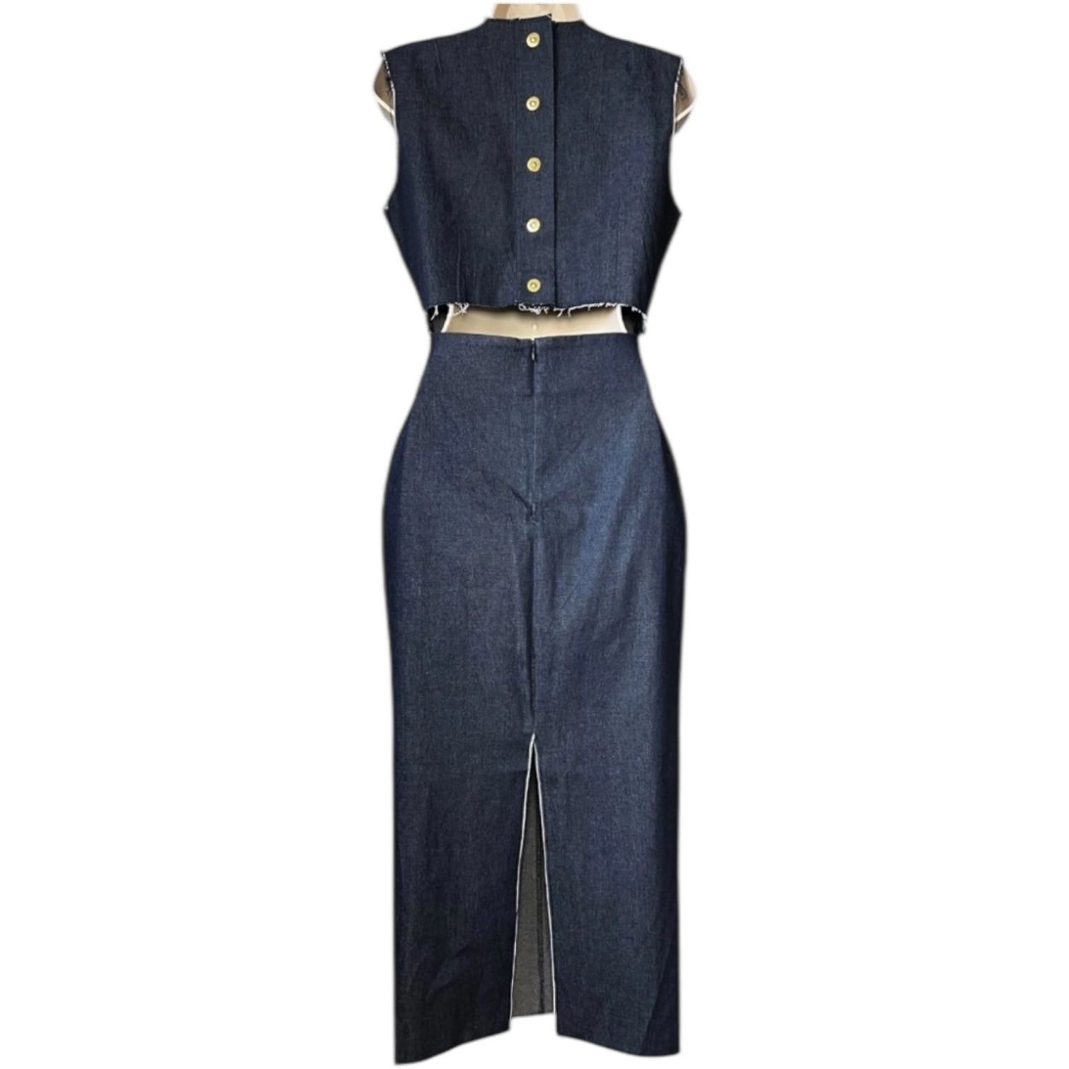 Solace London Denim Chambray Midi Dress – Cut-Out Button Back Shift, UK10