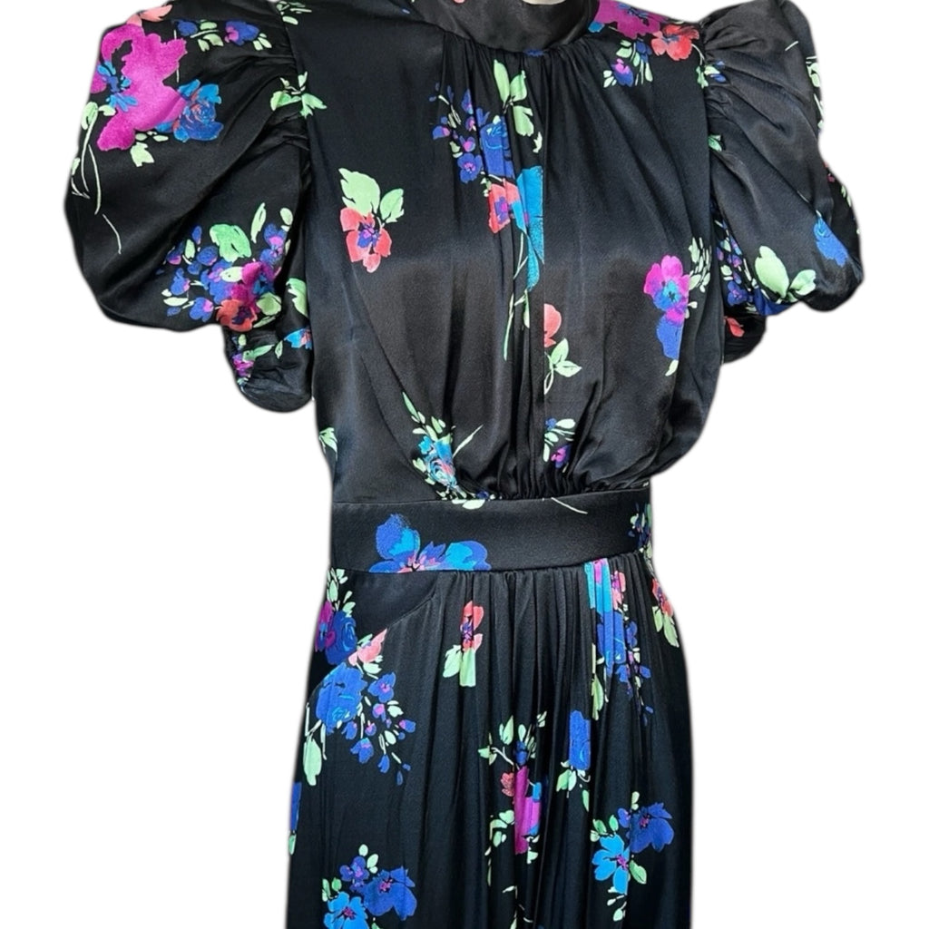 Rotate Birger Christensen Puff Sleeve Satin Midi Dress – Black Floral, DE38
