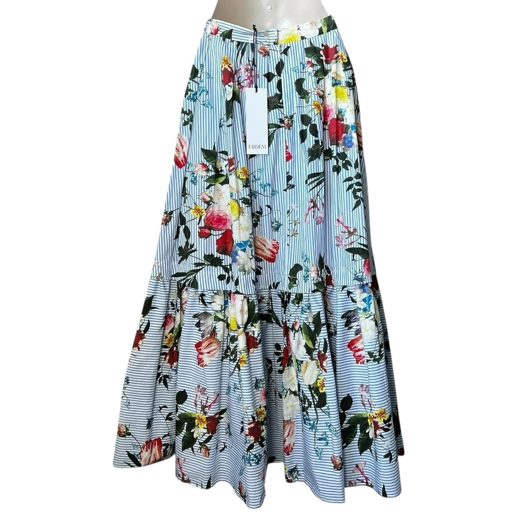 Erdem Leigh Floral Stripe Cotton Tiered Poplin Midi Skirt – UK6