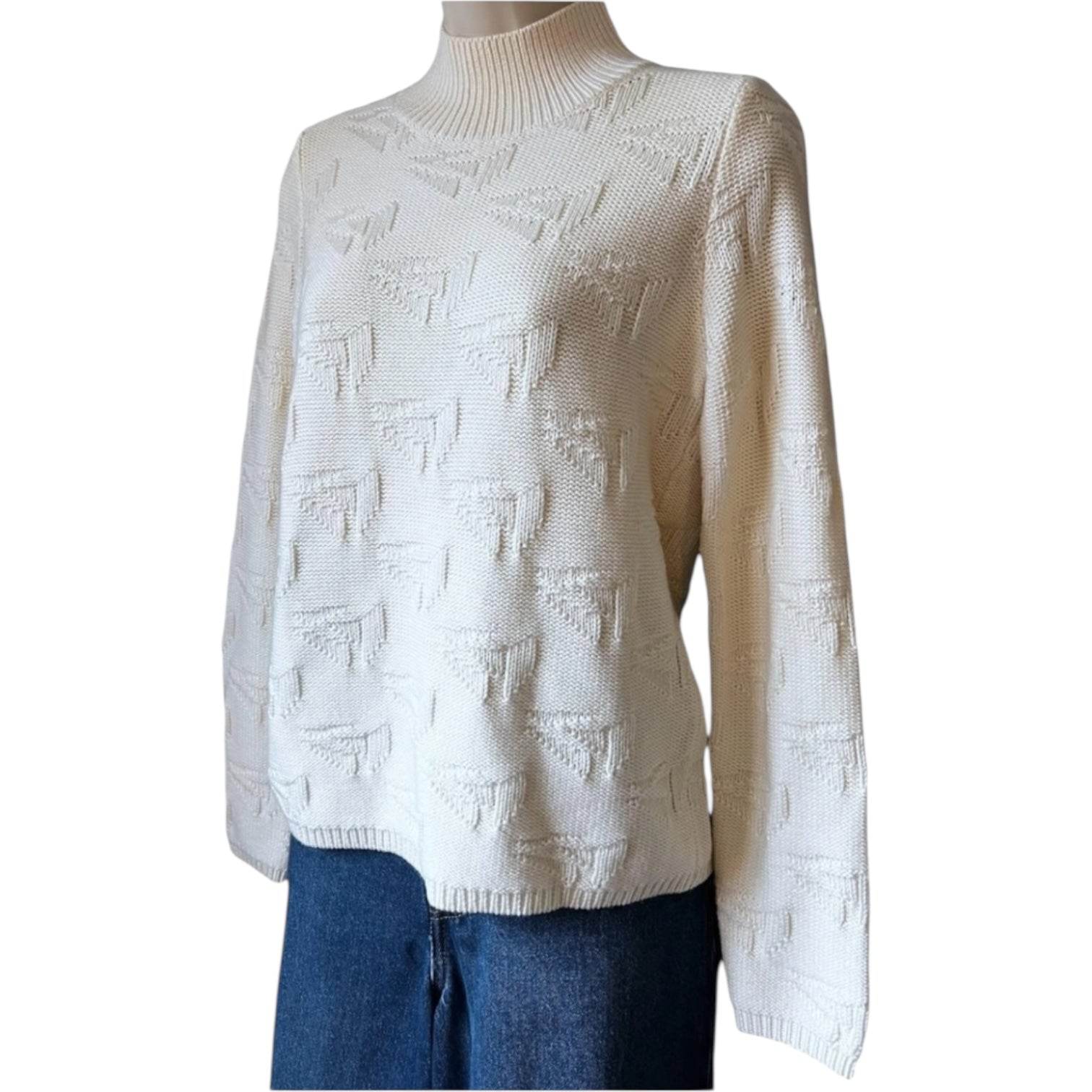 Jil Sander High Neck Wool Knit Jumper – Boat Motif, Ivory, Size S – pre-loved