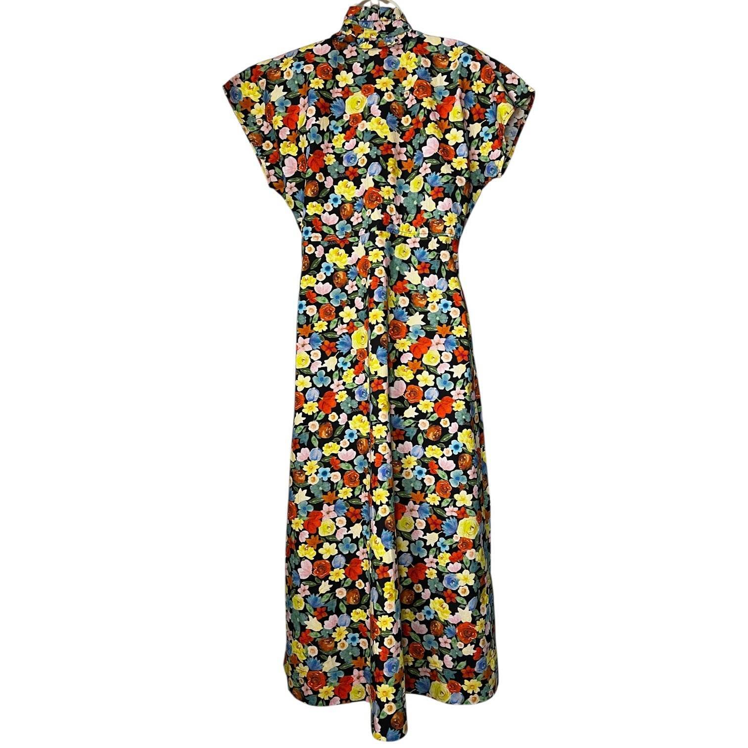 Ganni Floral Cotton Midi Dress – Ruffle Tie Neck, Boho Cottagecore Style, Size 38 (UK10) – pre-loved