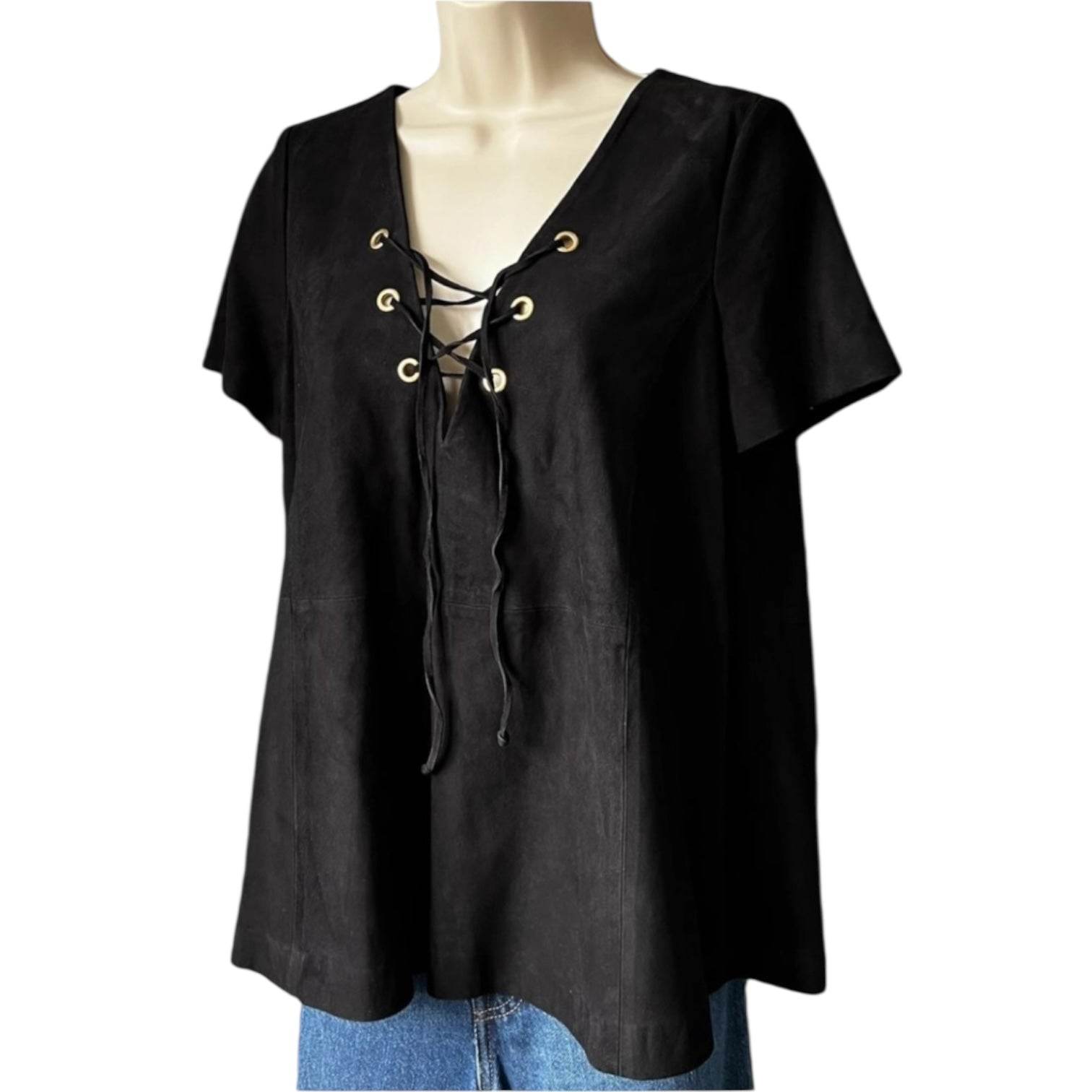 Ba&sh Suede Lace V-Neck Flare Blouse – Black, Size 2 (UK 10) – pre-loved