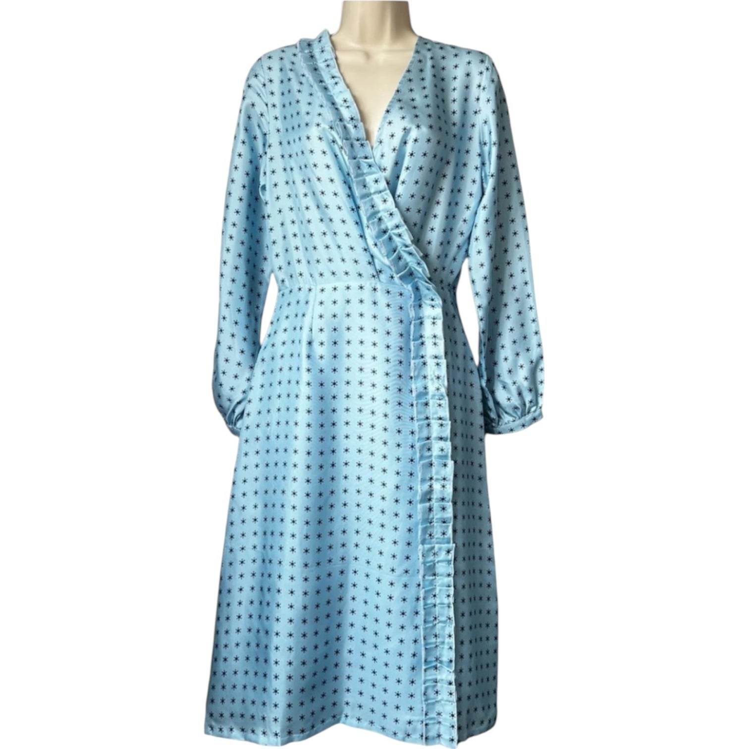 Lisou Silk Shirt Dress – Comet Print, Ruffle Trim, Blue, UK6 – pre-loved