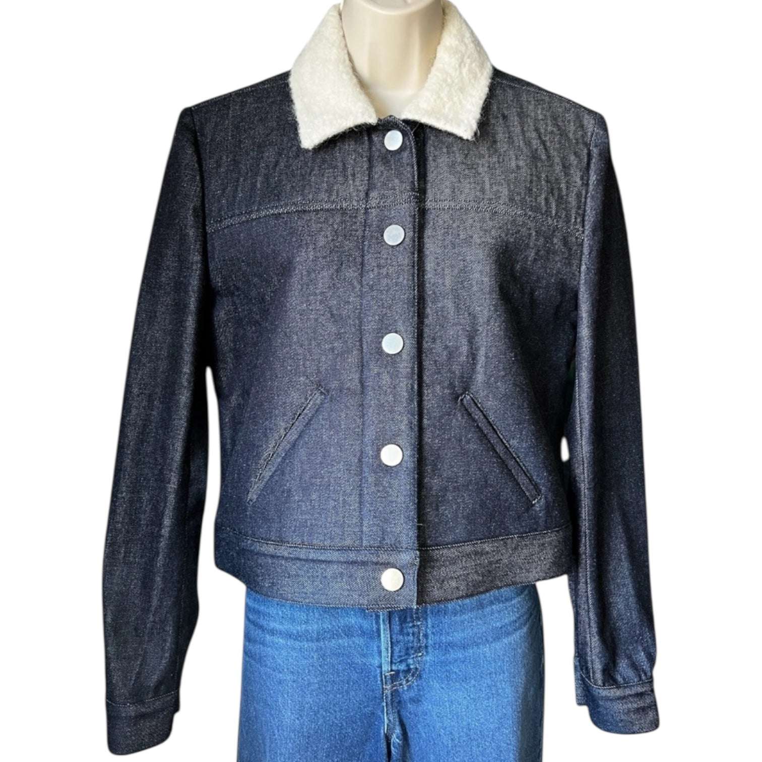 Victoria Beckham Cropped Denim Jacket with Sherpa Wool-Alpaca Lining – Dark Blue, UK12 (Runs small) – pre-loved