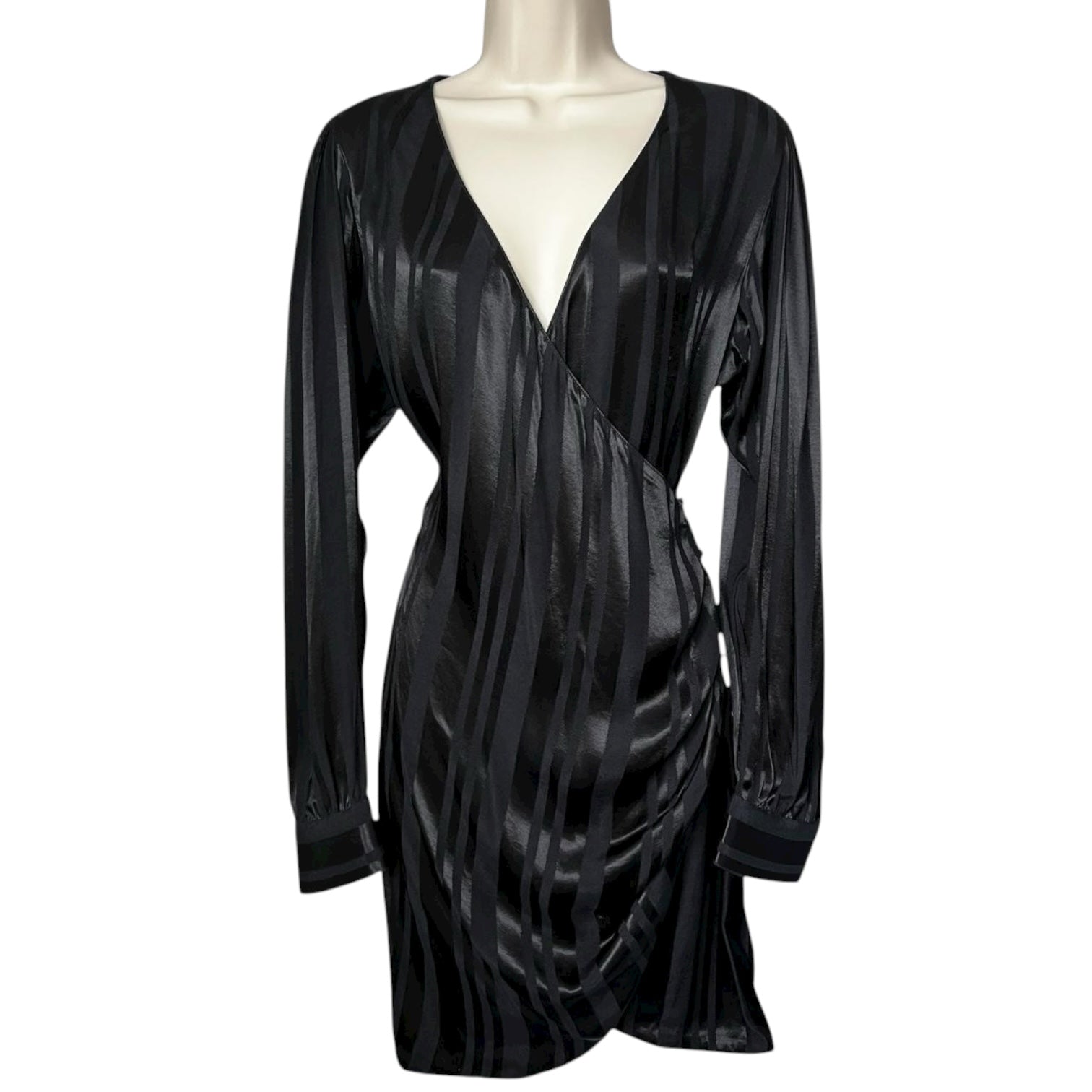 Anine Bing Black Satin-Jacquard Wrap Mini Dress – M