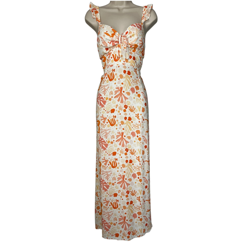 RIXO Cecile Maxi Dress – Ruffled Shell Print Crepe, Summer Wedding Guest Style, Size L – pre-loved