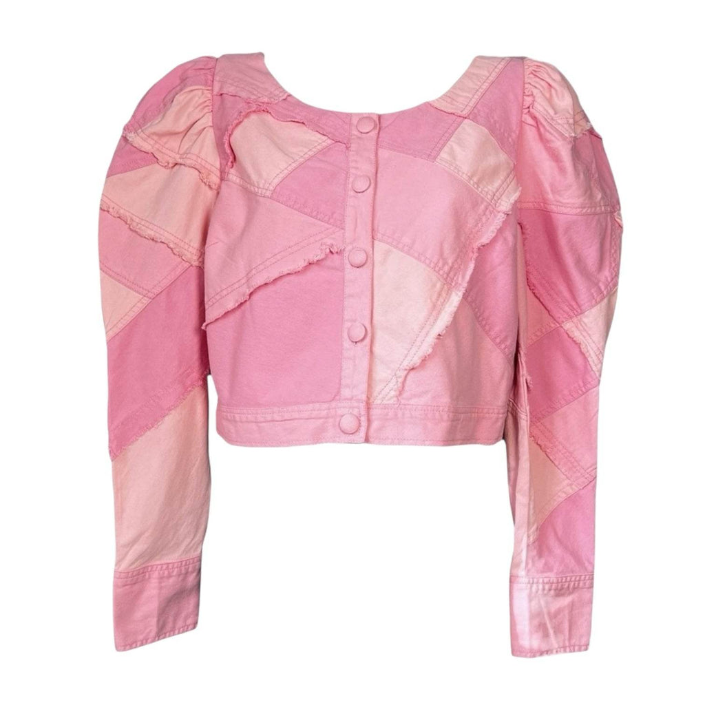 LoveShackFancy Patchwork Denim Cropped Jacket – Puff Sleeves, Fringe, Pink US8 – pre-loved