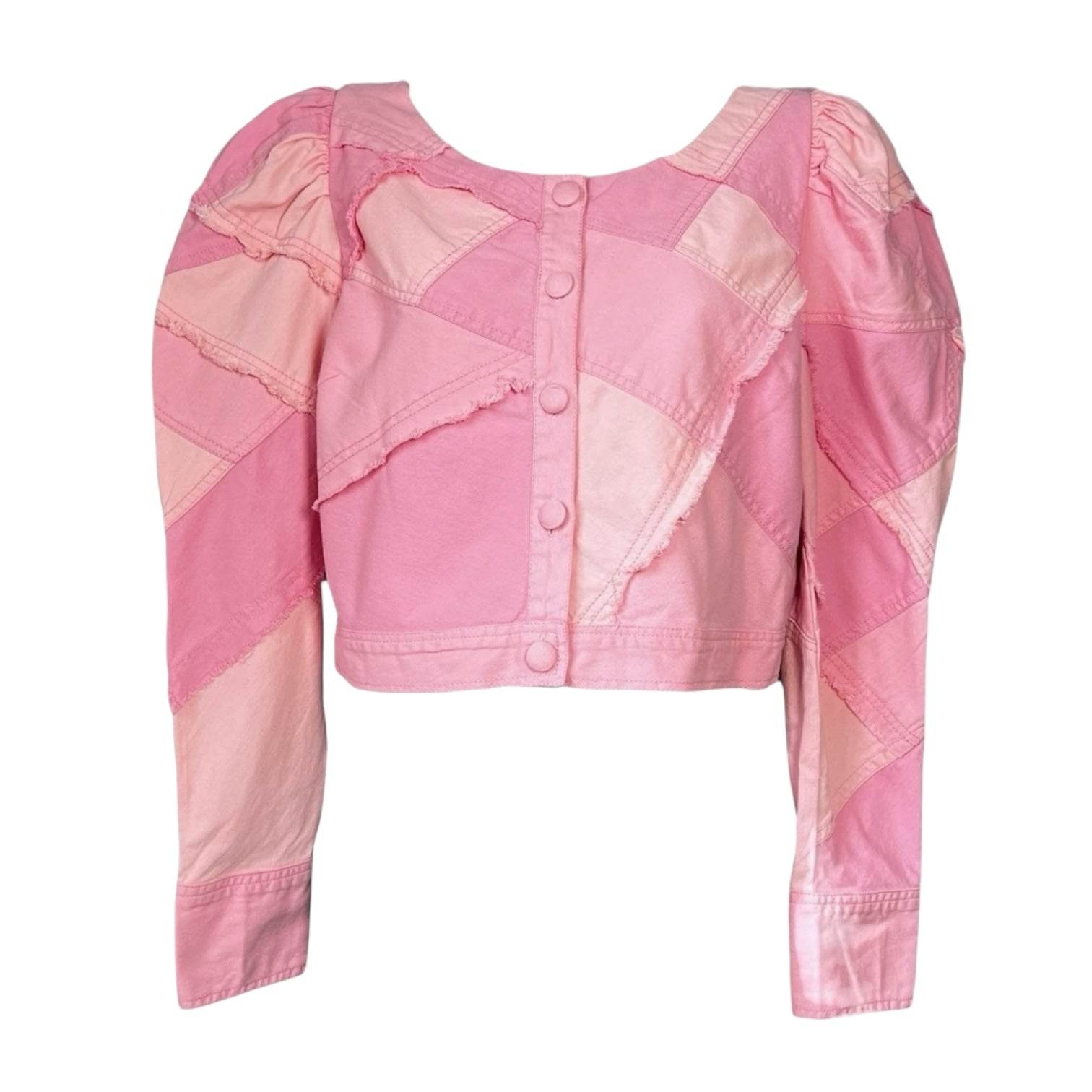 LoveShackFancy Patchwork Denim Cropped Jacket – Puff Sleeves, Fringe, Pink US8 – pre-loved