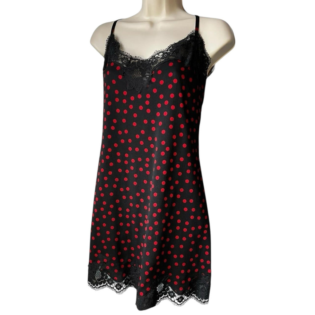 Dolce & Gabbana Polka Dot Lace Trim Silk Slip Mini Dress – Black/Red, L