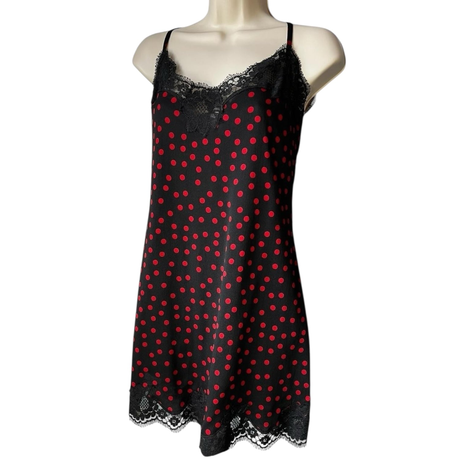 Dolce & Gabbana Polka Dot Lace Trim Silk Slip Mini Dress – Black/Red, L