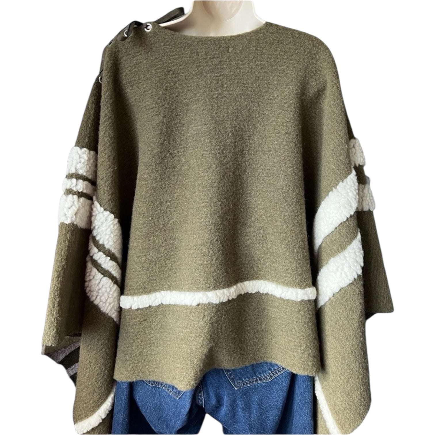 Maje Wool-Blend Shearling Knit Poncho – Khaki Green, OS (Fits XS–L) – pre-loved