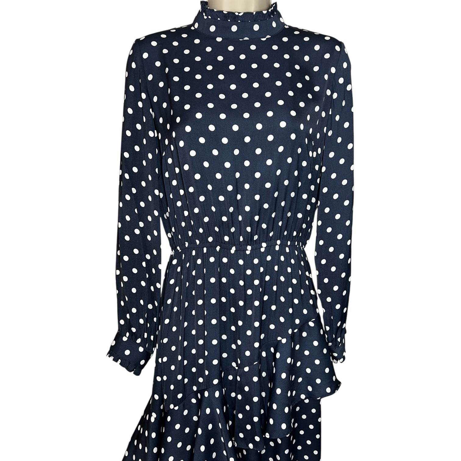 Essentiel Antwerp Polka Dot Midi Dress – Ruffle High Neck, Tiered Skirt, Navy, EU36 – pre-loved