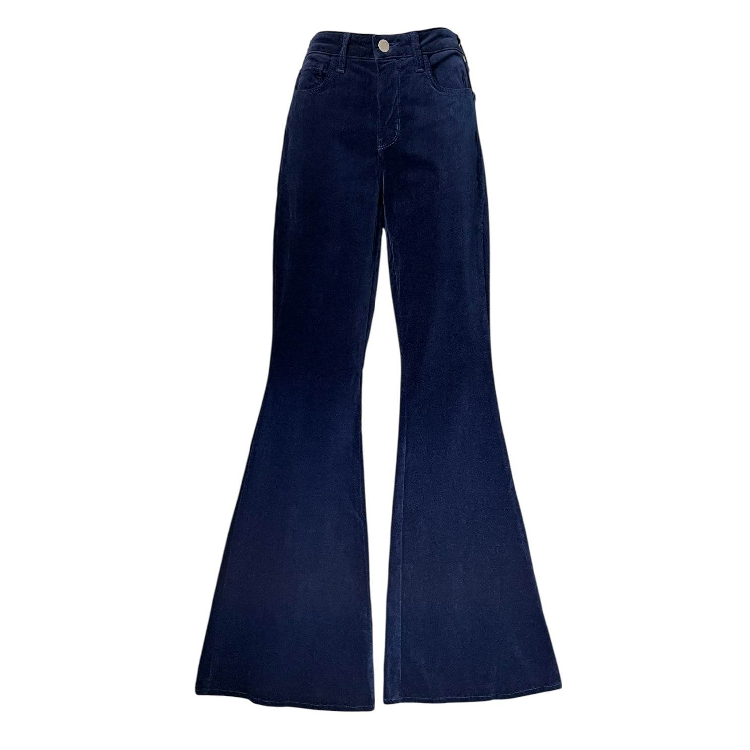L’Agence “Solana” Velvet Flare Trousers – Mid Rise, Big Flare, Blue, Size 25 – pre-loved