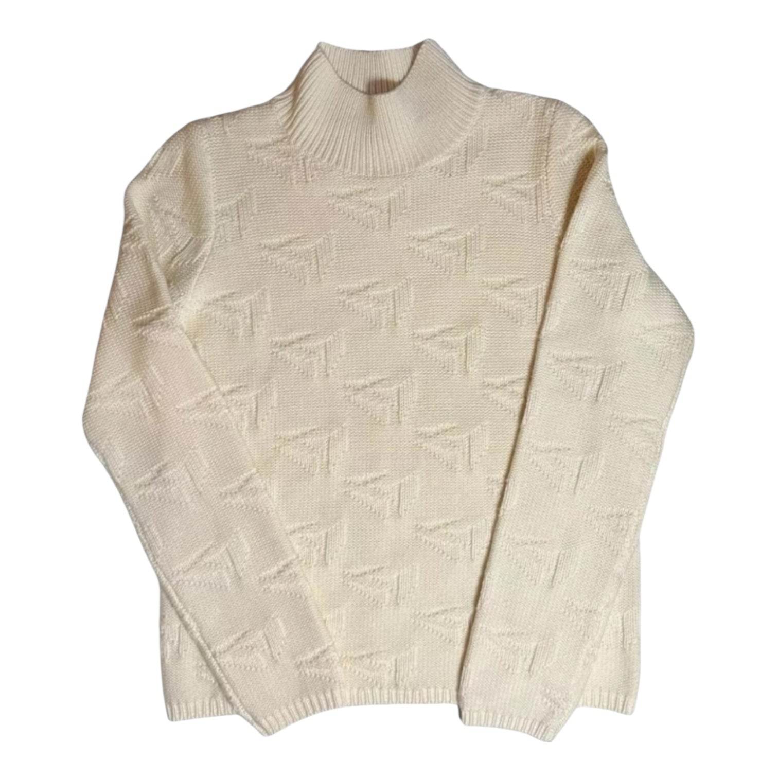 Jil Sander High Neck Wool Knit Jumper – Boat Motif, Ivory, Size S – pre-loved