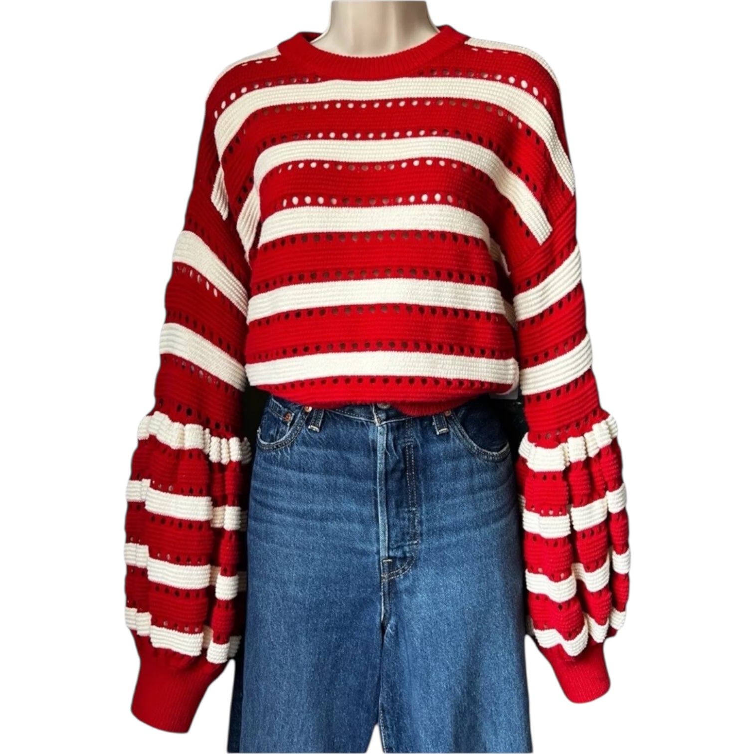 Self-Portrait Open-Knit Puff Sleeve Crop Jumper – Striped, Size L – pre-loved