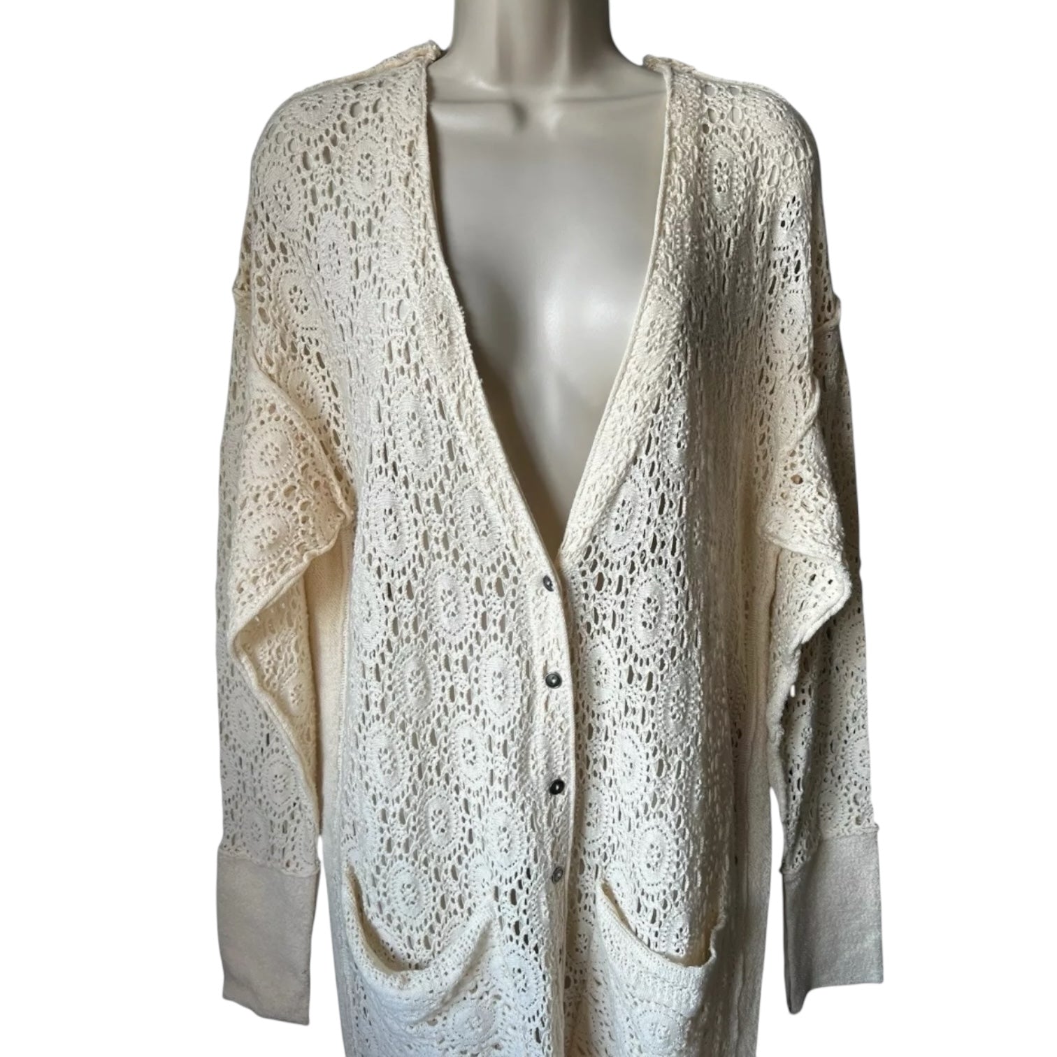 Free People Crochet Lace Duster – Boho Coastal Cardigan, Relaxed Fit, Cotton, Size S – pre-loved