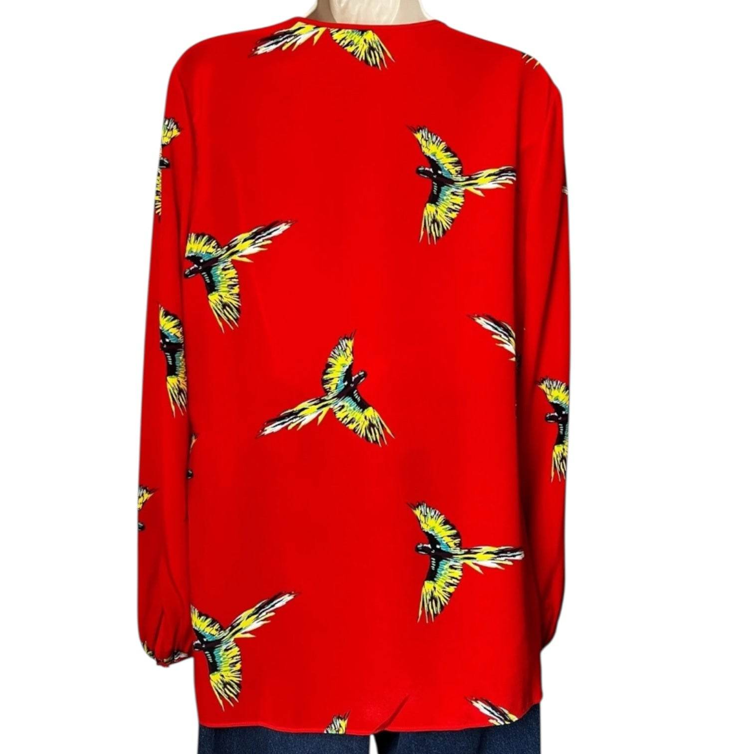 DVF Aurora Bird Print Silk Blouse – Red Tie Neck, US6 – pre-loved
