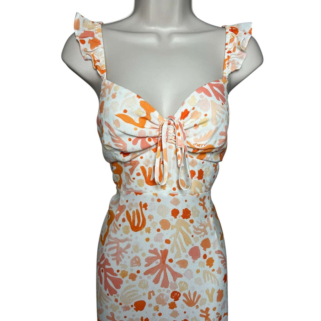 RIXO Cecile Maxi Dress – Ruffled Shell Print Crepe, Summer Wedding Guest Style, Size L – pre-loved