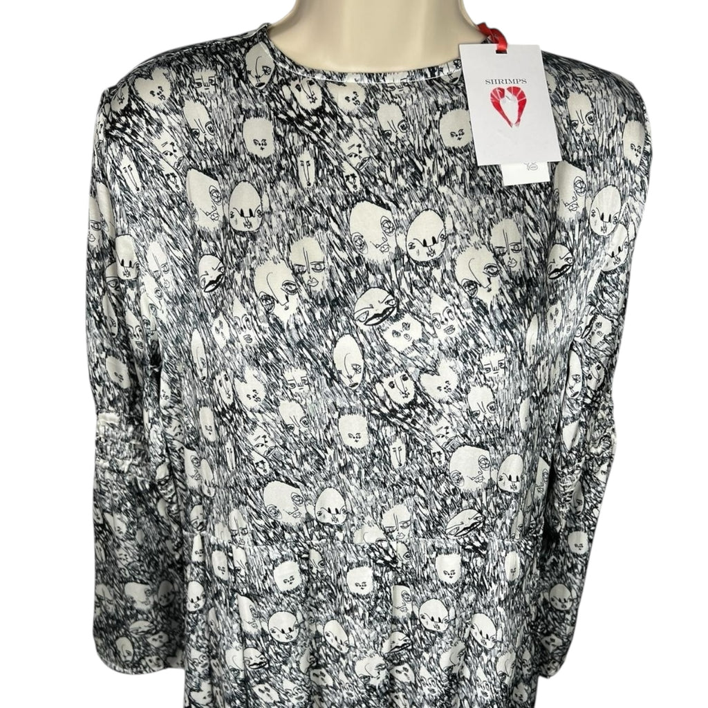 Shrimps Silk Pleated Dress – Retro Art Face Print, UK8