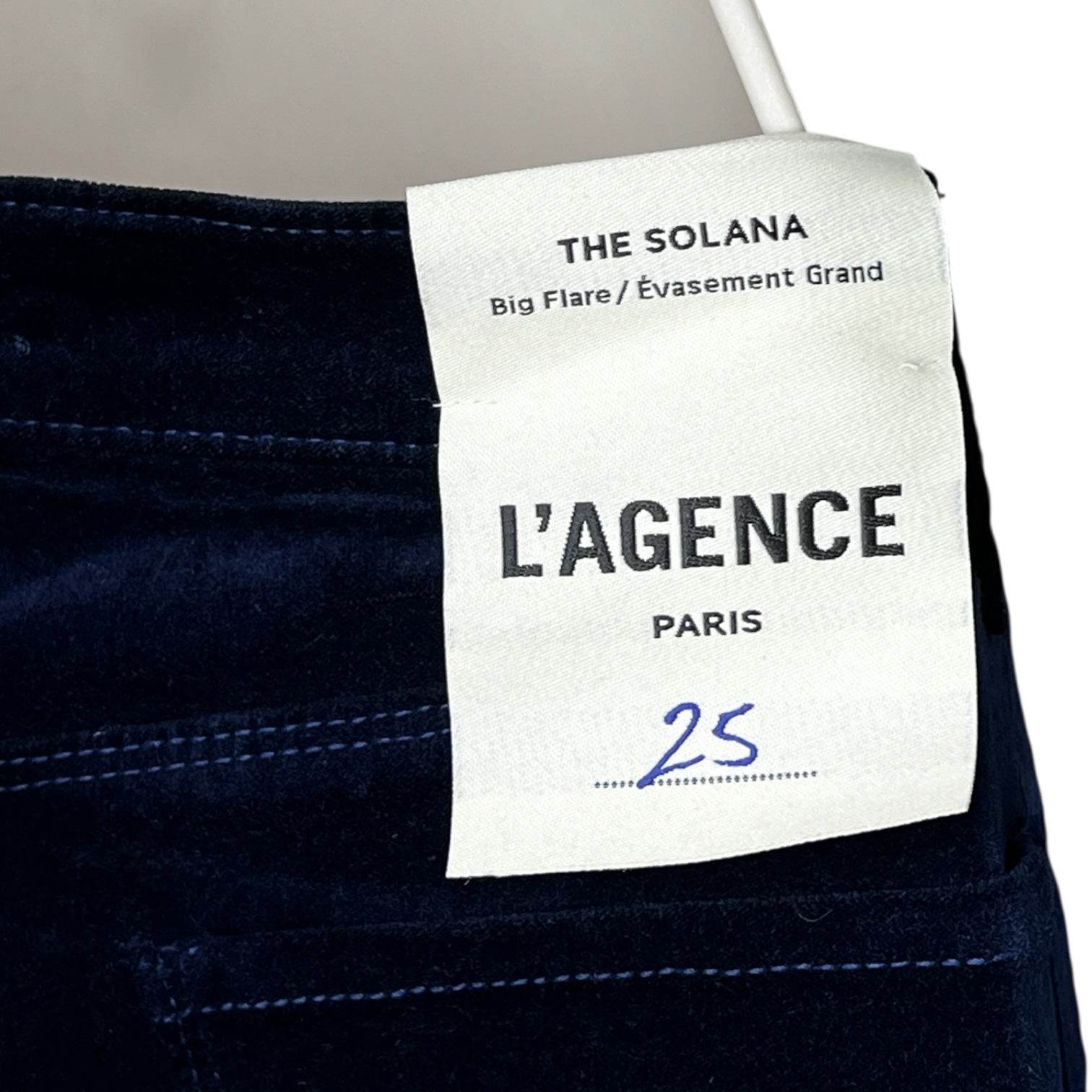 L’Agence “Solana” Velvet Flare Trousers – Mid Rise, Big Flare, Blue, Size 25 – pre-loved