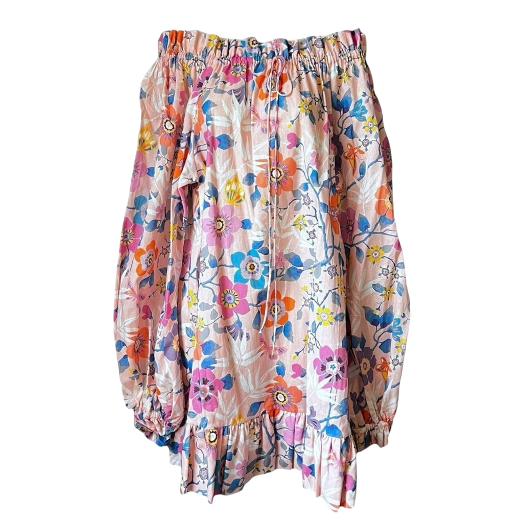 The Vampire’s Wife Off-Shoulder Linen Mini Dress – Pink Floral, M