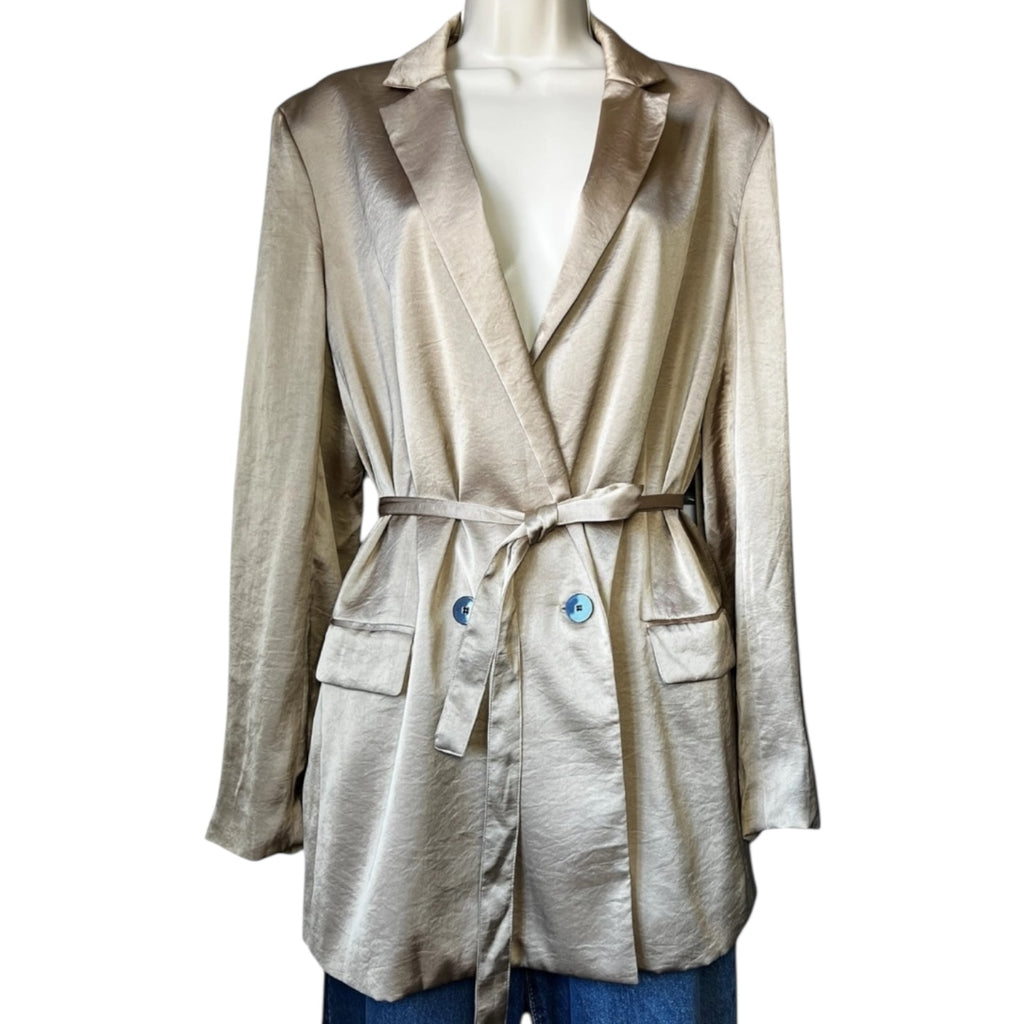 Theory Double-Breasted Belted Blazer – Crushed Satin, Size L – pre-loved