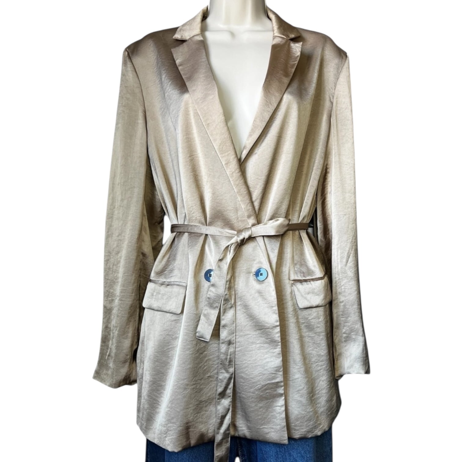 Theory Double-Breasted Belted Blazer – Crushed Satin, Size L – pre-loved