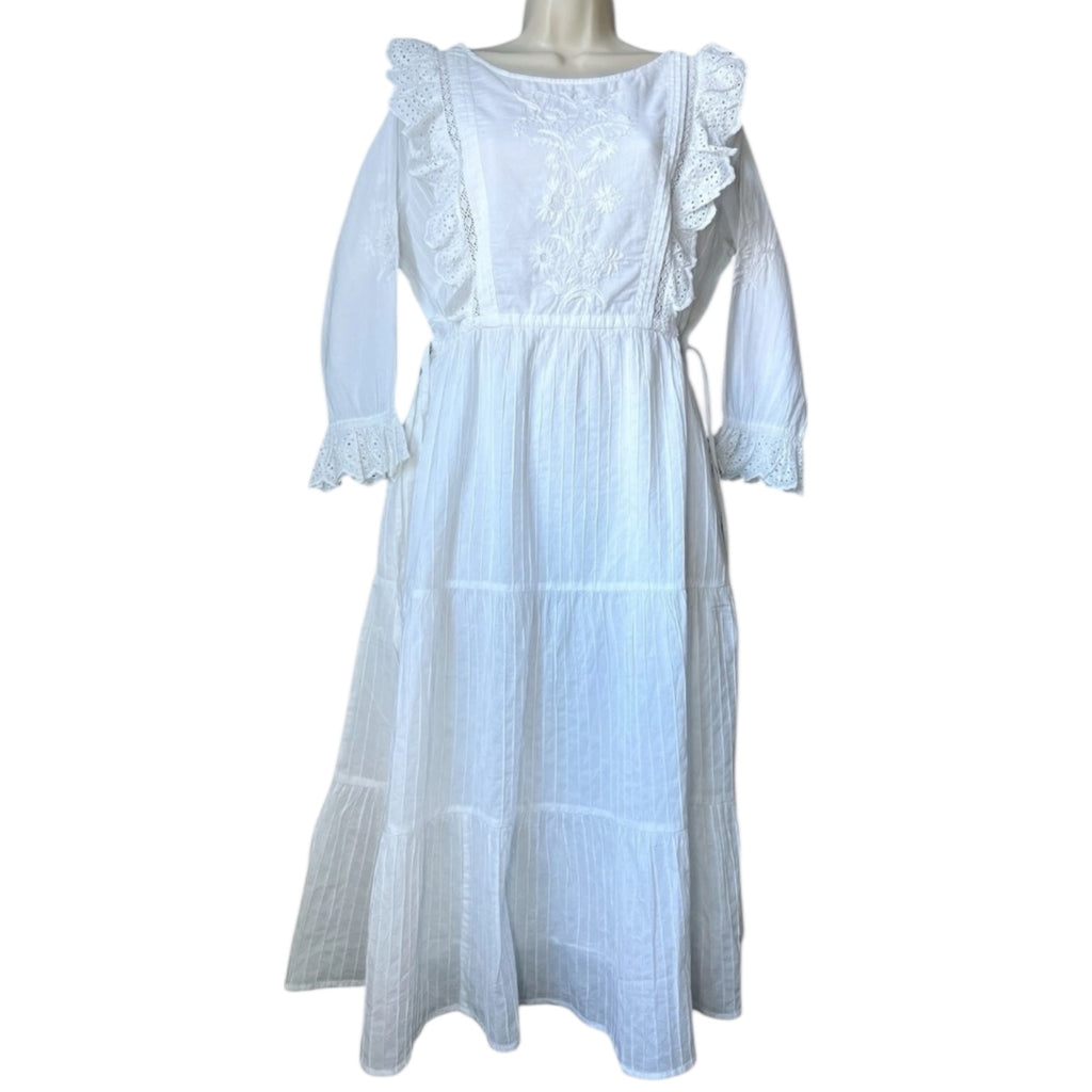 Pink City Prints Embroidered Prairie Ruffle Midi Dress – White, Cotton, L