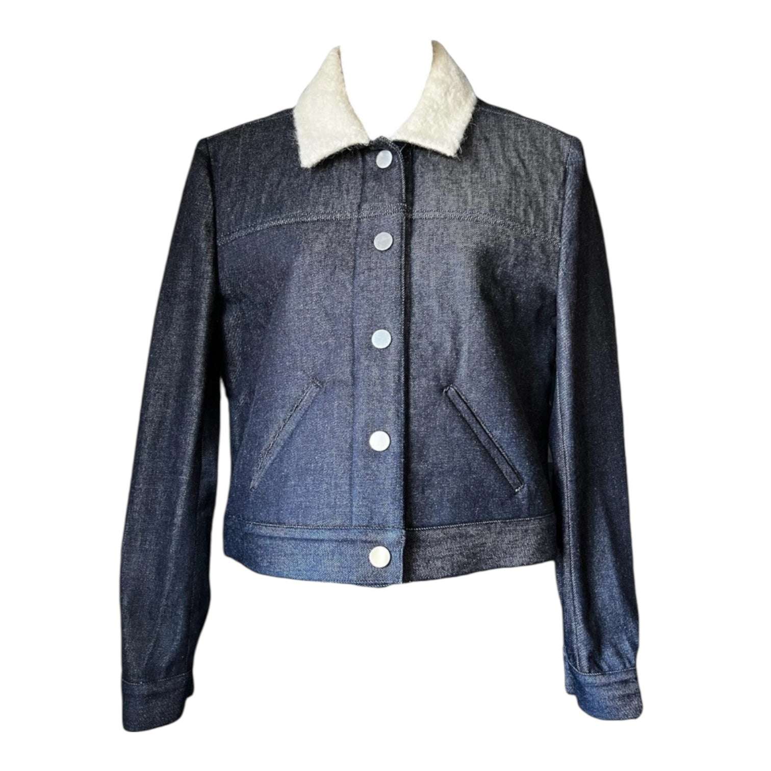 Victoria Beckham Cropped Denim Jacket with Sherpa Wool-Alpaca Lining – Dark Blue, UK12 (Runs small) – pre-loved