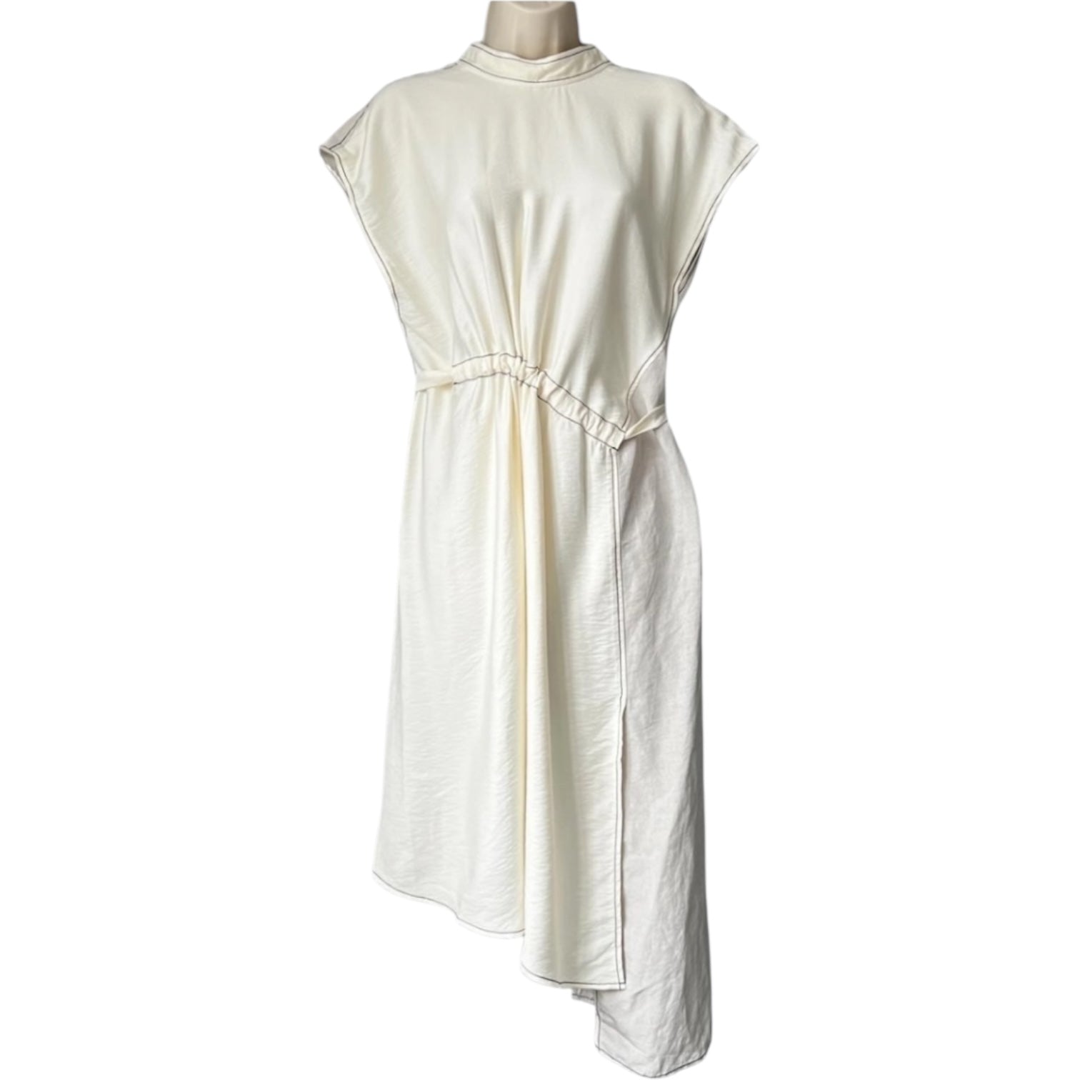Rejina Pyo “Kesia” Dress – Asymmetrical High Neck, Light Grey/White, Size M – pre-loved