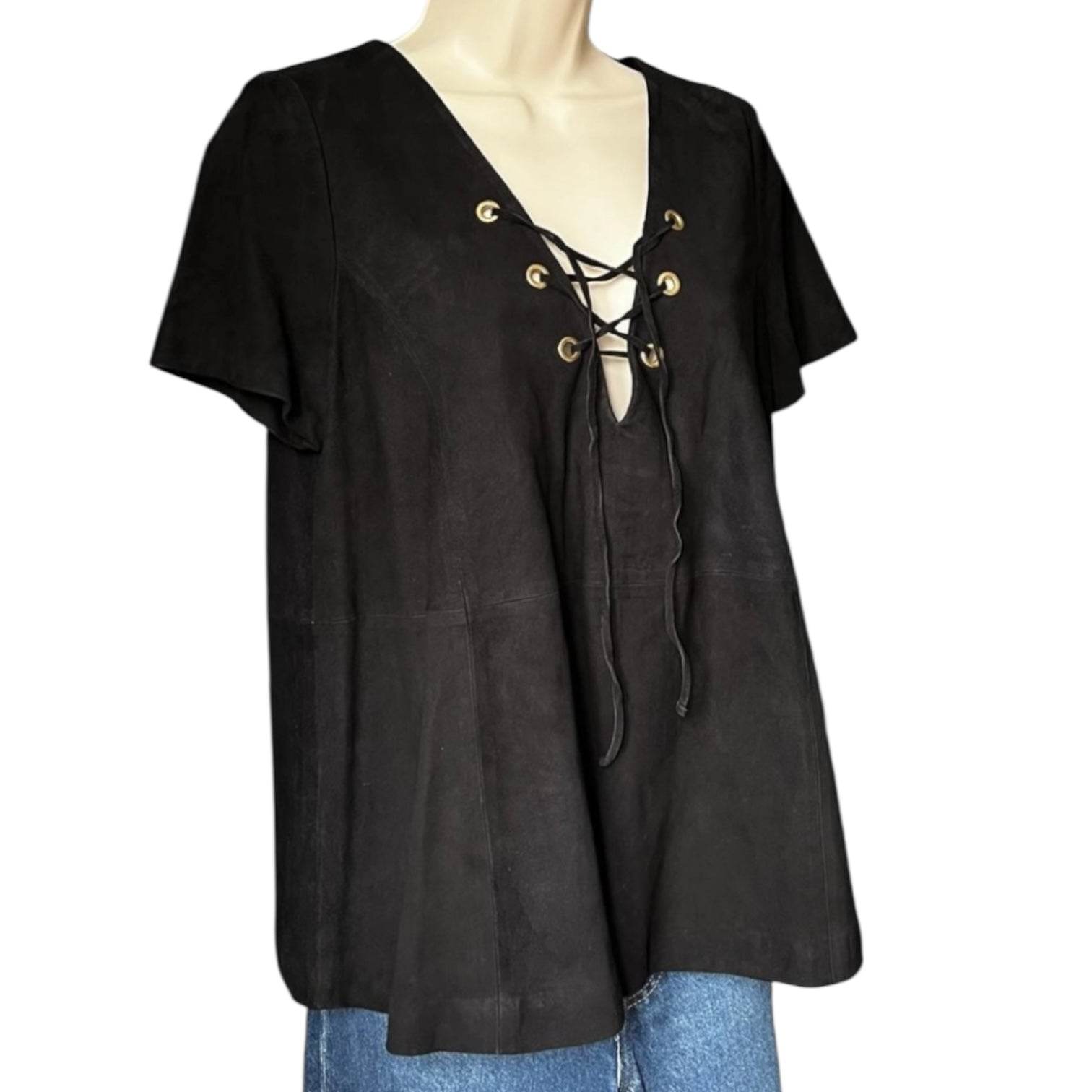 Ba&sh Suede Lace V-Neck Flare Blouse – Black, Size 2 (UK 10) – pre-loved