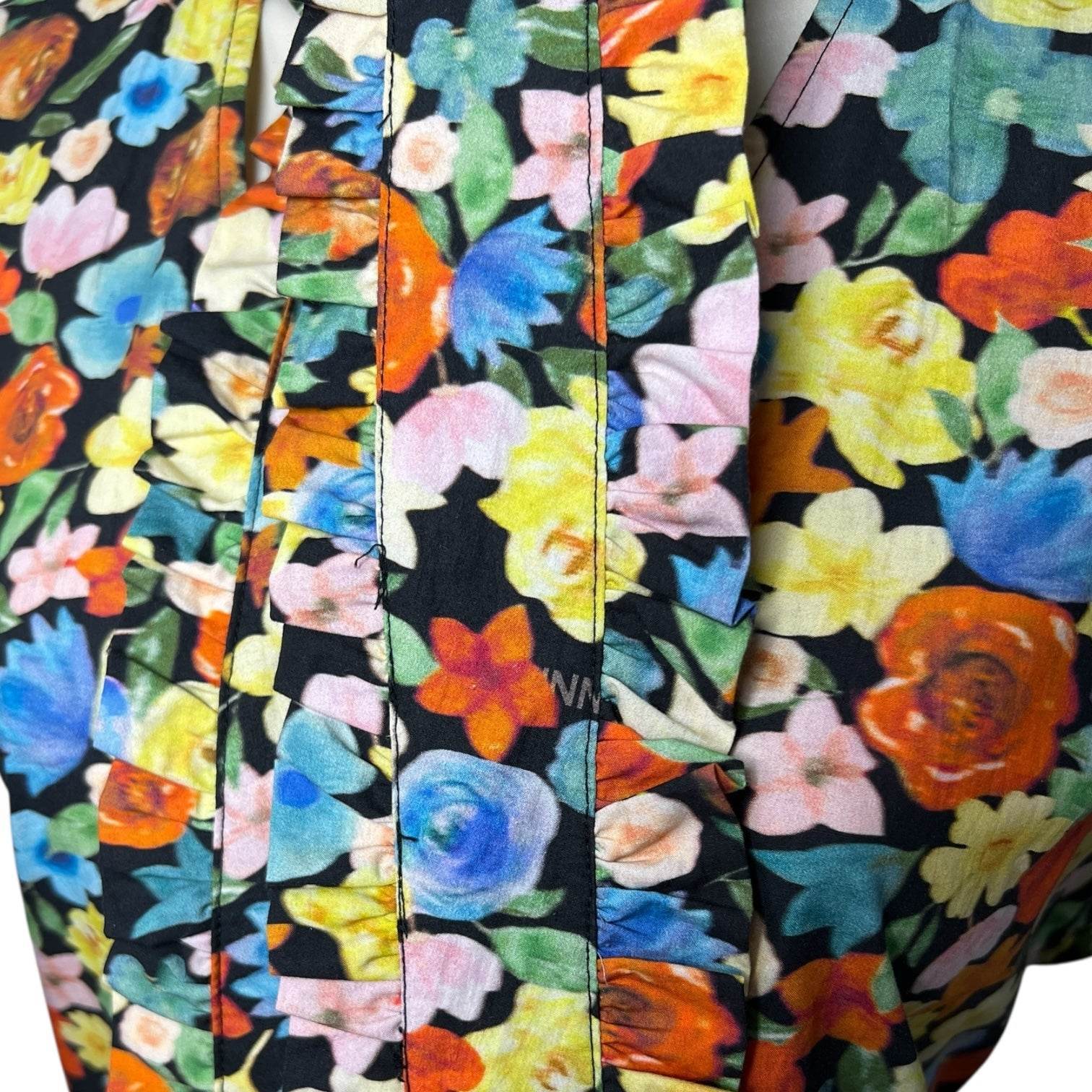 Ganni Floral Cotton Midi Dress – Ruffle Tie Neck, Boho Cottagecore Style, Size 38 (UK10) – pre-loved
