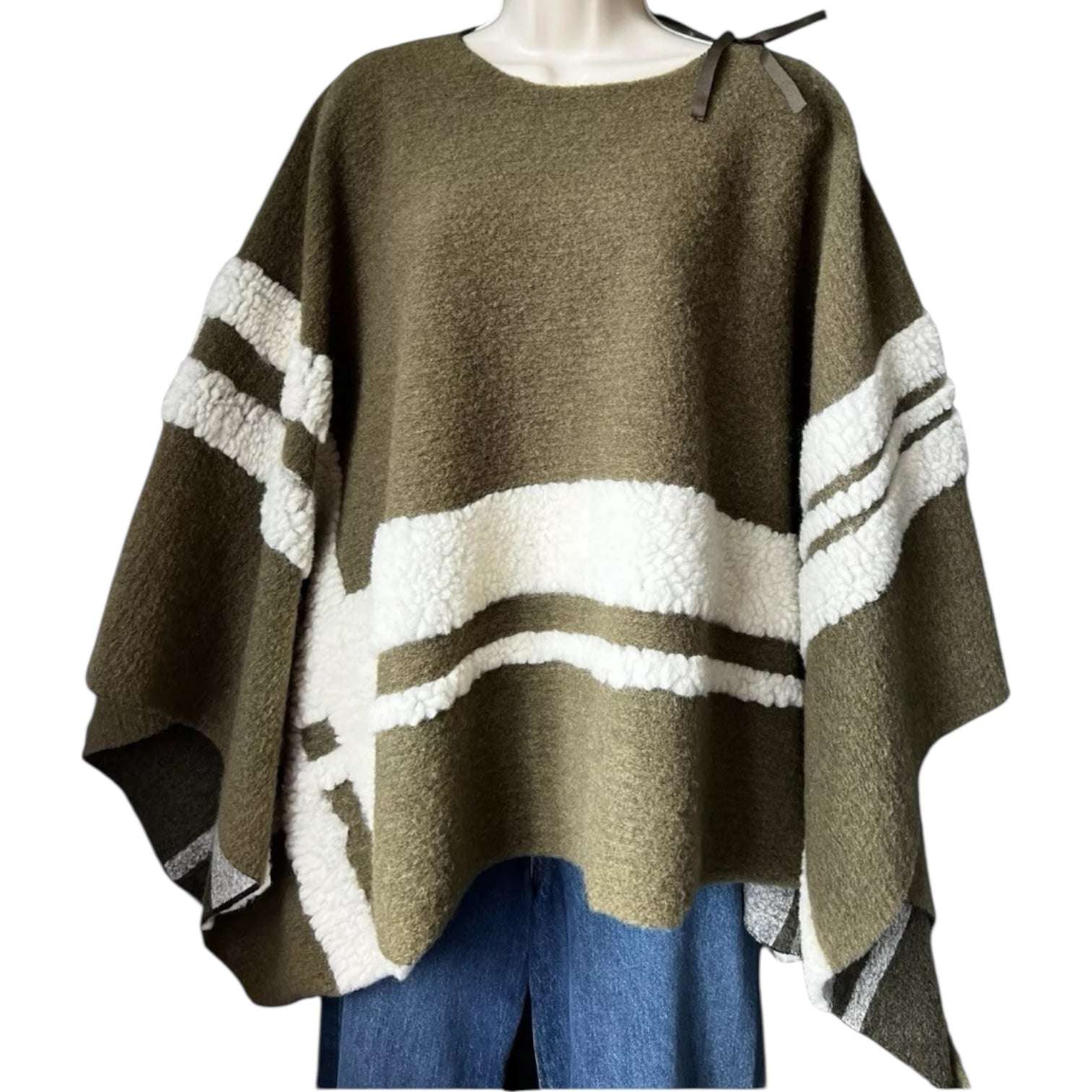 Maje Wool-Blend Shearling Knit Poncho – Khaki Green, OS (Fits XS–L) – pre-loved