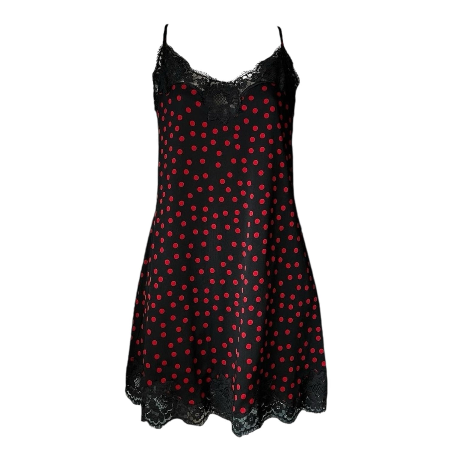 Dolce & Gabbana Polka Dot Lace Trim Silk Slip Mini Dress – Black/Red, L