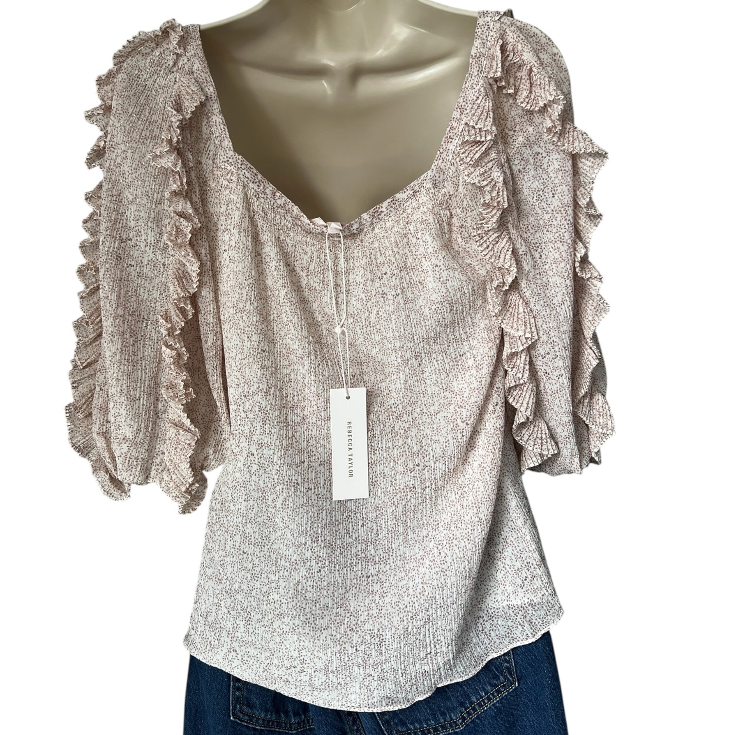 Rebecca Taylor Silk-Cotton Top – Square Neck Ruffle Blouse, US0