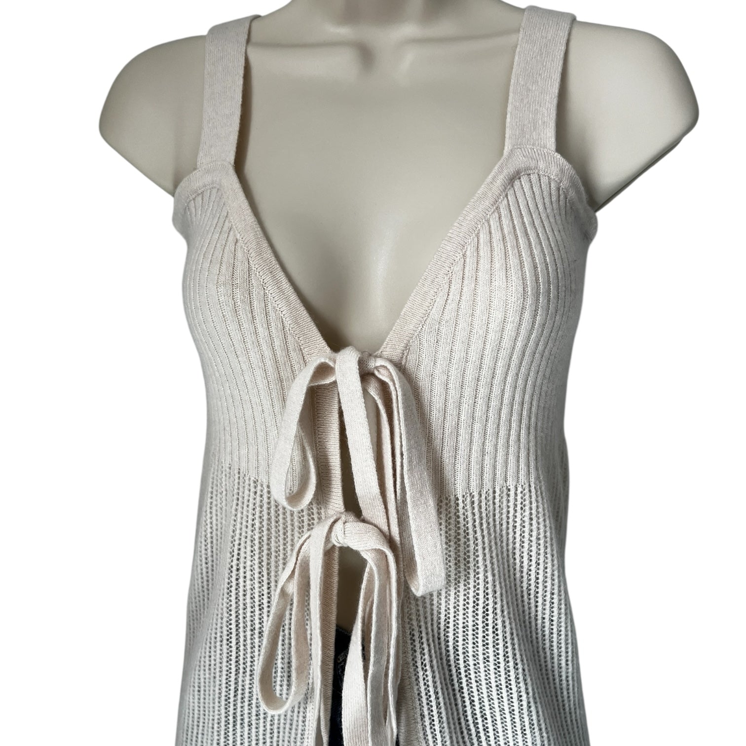 Crush Cashmere Sleeveless Cardigan Vest – Bow Tie Front Longline Knit, Size 1 (UK8)