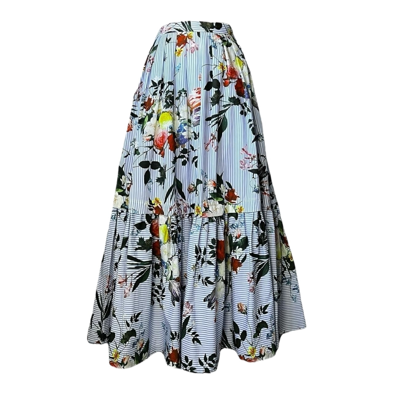 Erdem Leigh Floral Stripe Cotton Tiered Poplin Midi Skirt – UK6