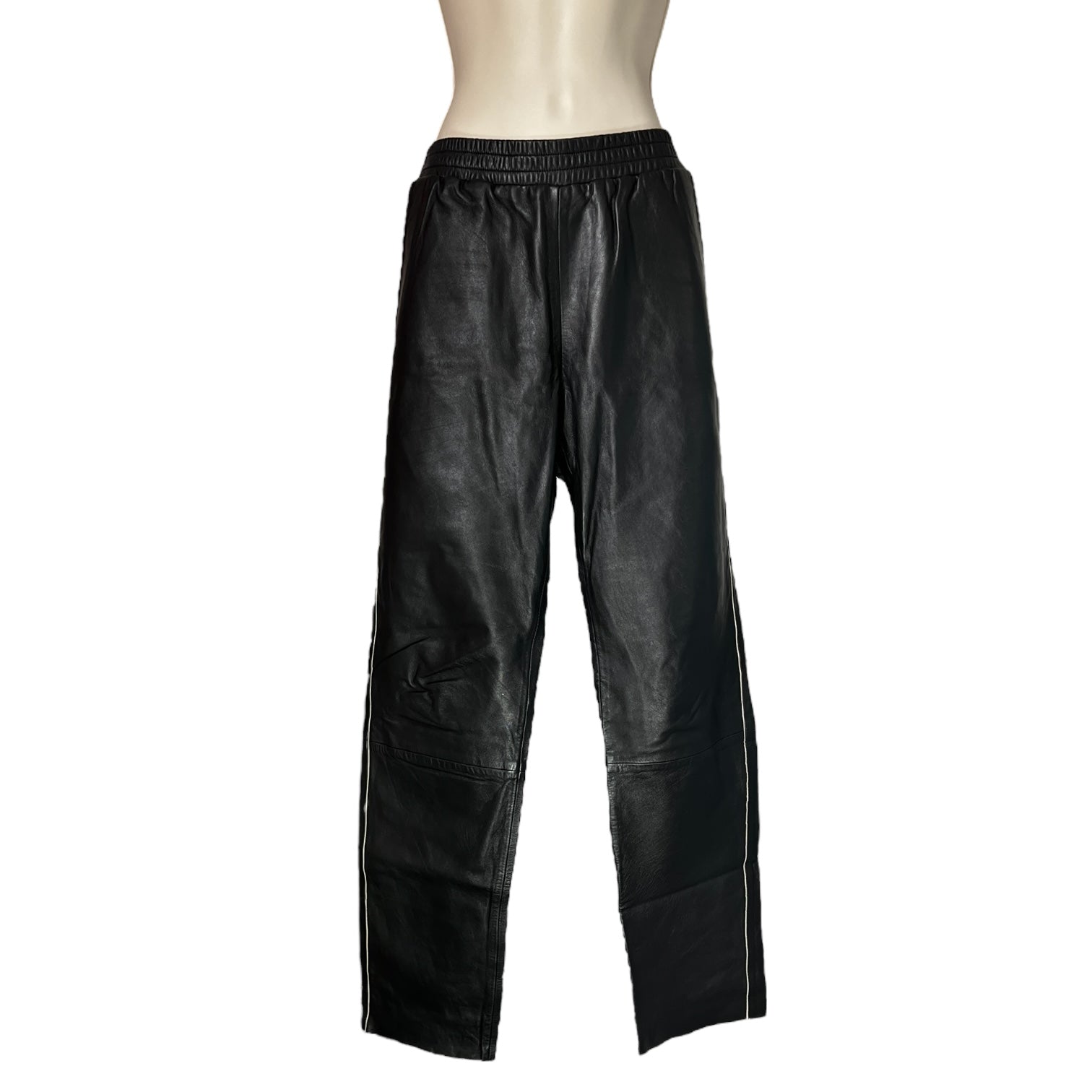 Maje Leather Jogger Pants – Black with White Tuxedo Stripe, UK8 (Based on Measurements)