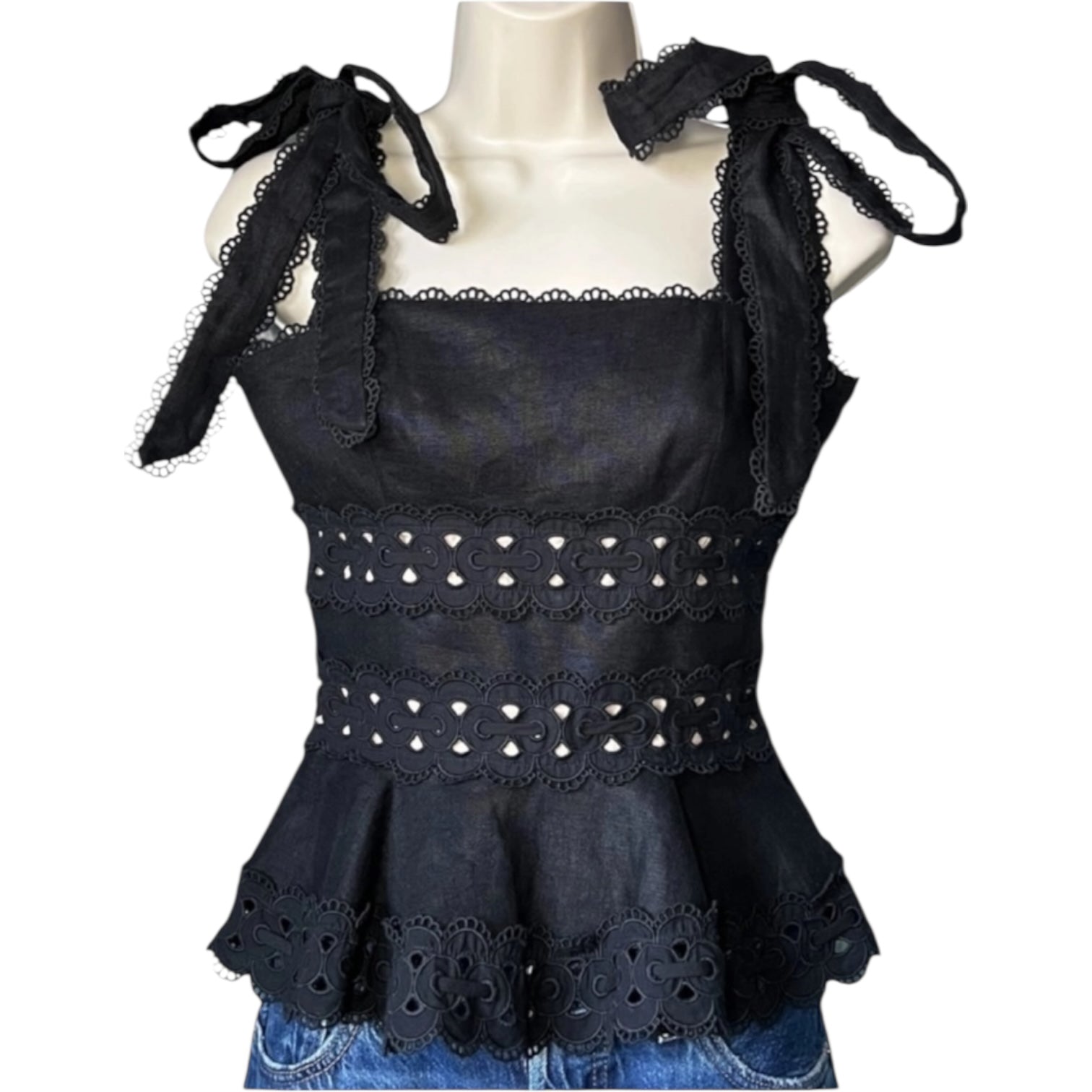 Zimmermann Kirra Linen Peplum Top – Black, Size 0 (UK8)