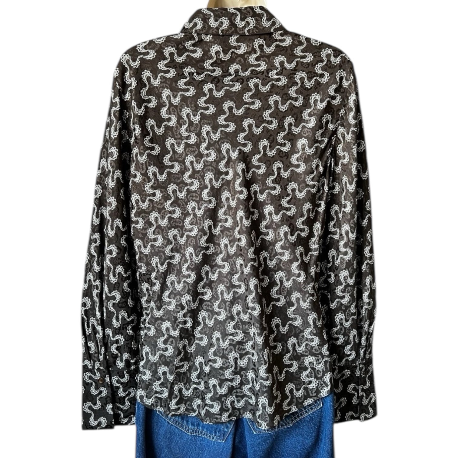 Rebecca Taylor Silk Jacquard Blouse – Collared Button Shirt, Brown, M