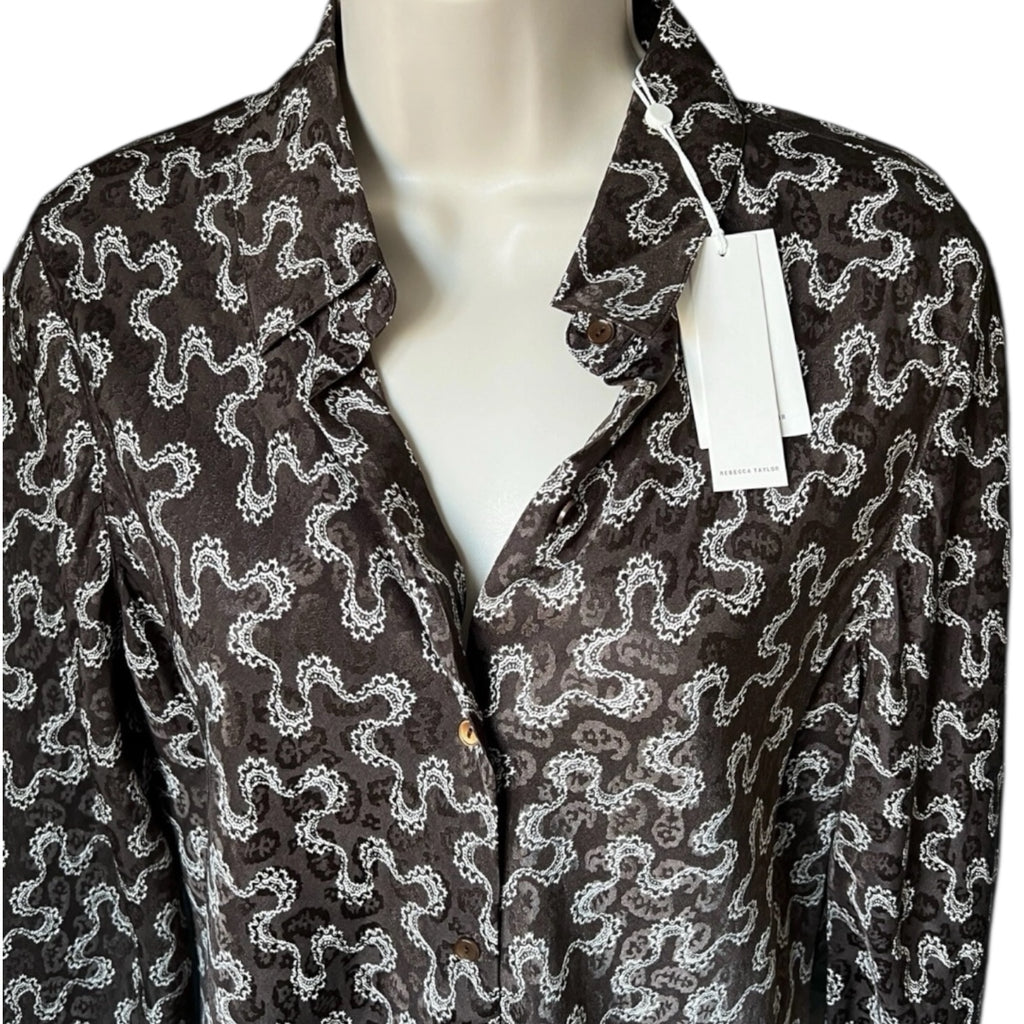 Rebecca Taylor Silk Jacquard Blouse – Collared Button Shirt, Brown, M