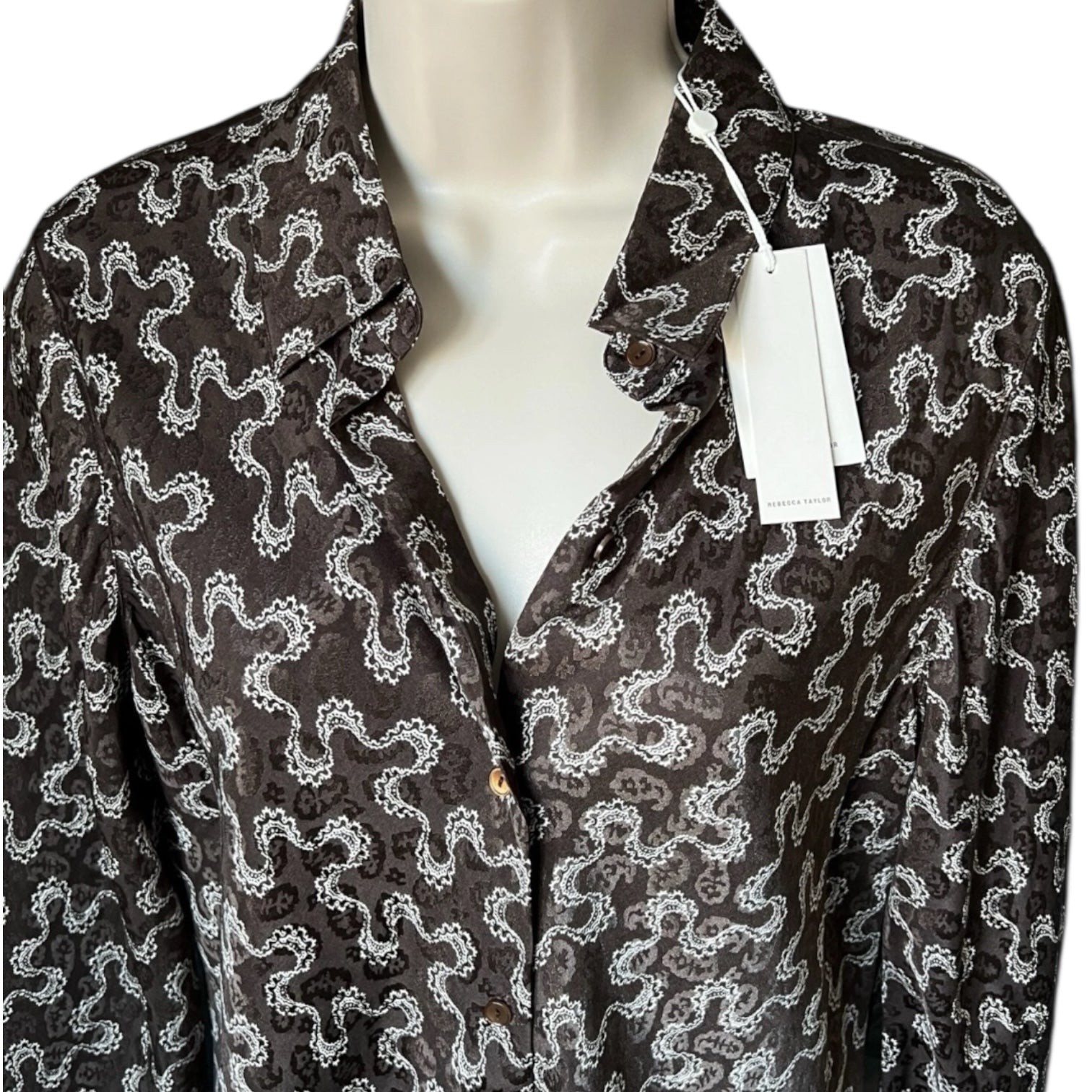 Rebecca Taylor Silk Jacquard Blouse – Collared Button Shirt, Brown, M