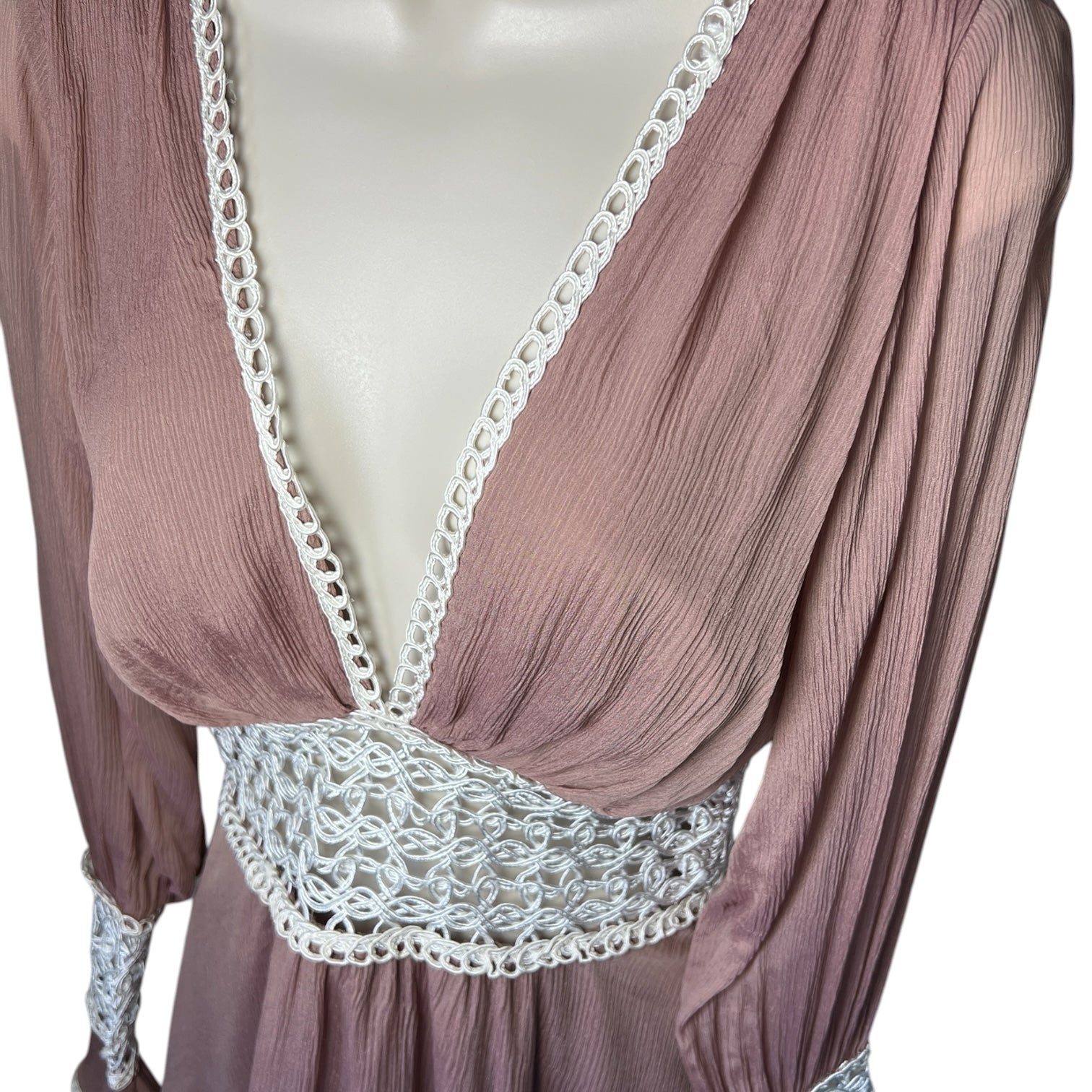 For Love & Lemons Silk Lace V Neck Long Sleeve Mini Dress – Blush Pink, XS