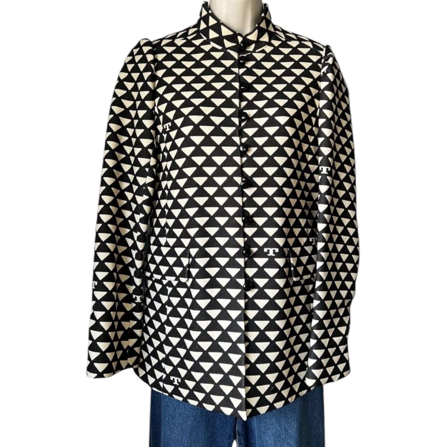 Tory Burch Triangle Geo Twill Crepe Jacket – Structured, Beige/Black, Size US 4 – pre-loved
